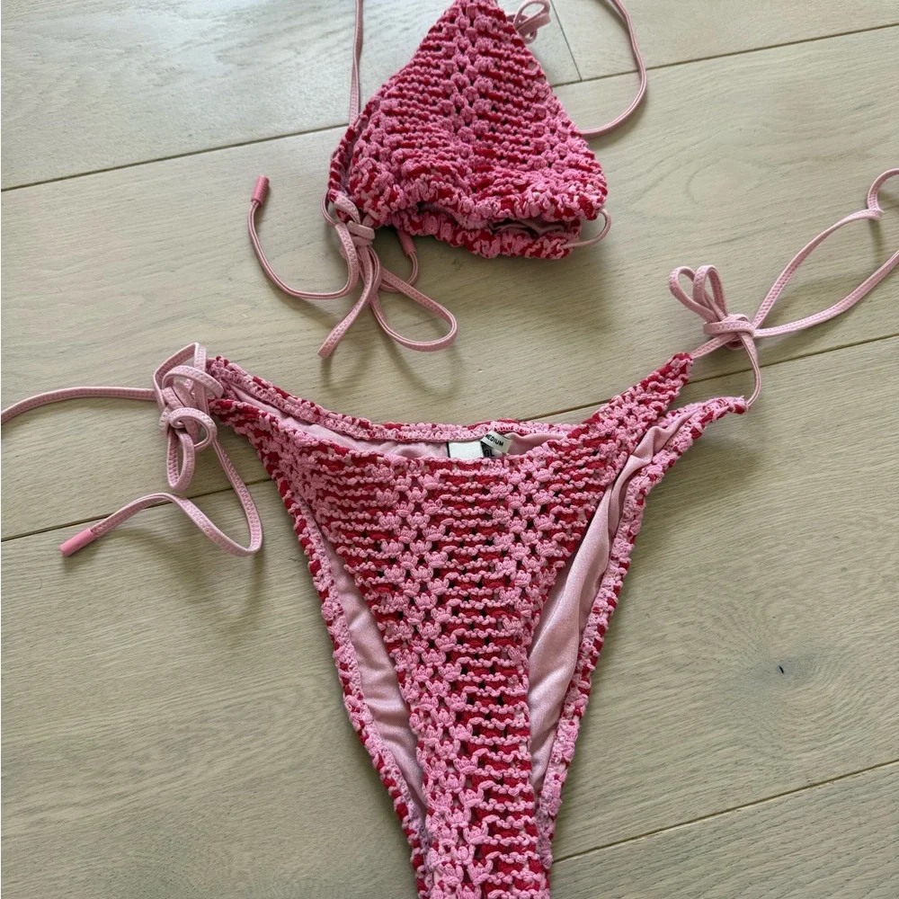 triangl swimwear Pink Crochet Tie-Side Triangle Bikini Set